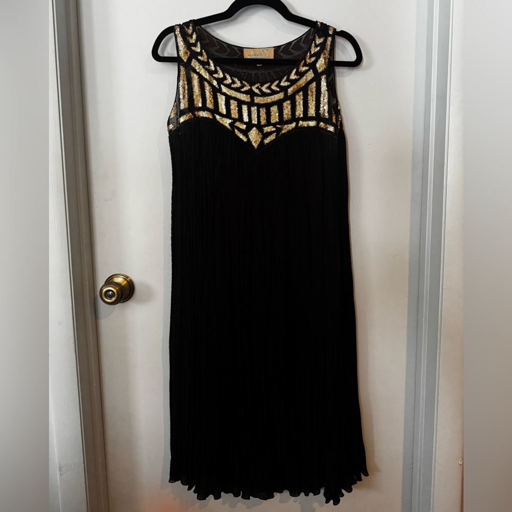 Anthropologie Black with Gold Sequin Midi Dress Sz L
